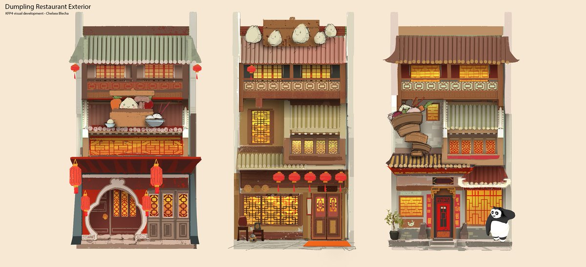 Dumpling restaurant design for #KFP4! 🐼🥟 This was located in bustling Juniper City. The idea was to have it cluttered, clunky, & fun w/contraptions & conveyor belts. One of the most fun locations I got to design. Here is just a small portion of many explorations! #KungFuPanda4