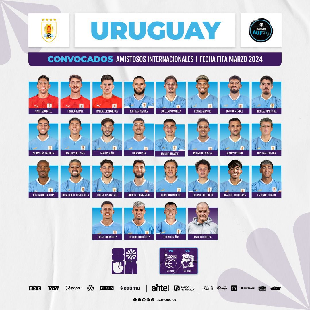 AHORA. La lista de la Selección Uruguaya para jugar los dos amistosos. 

#Minuto1
💻 CarveDeportiva.uy
<a href="/CarveDeportiva/">Carve Deportiva</a>