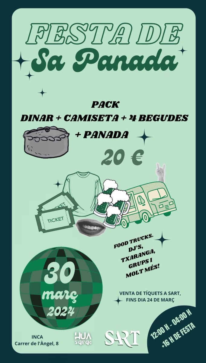 SARTClub's tweet image. 📢Sa Festa de sa Panada📢

Sa panada més grossa del món amb xaranga, food trucks, grups i els millors dj's per a que ens facin ballar fins que el cos aguanti, amb escenari exterior!🎉

Pack de dinar + camiseta + 4 begudes + panada gegant= 20€

Inscripcions a SART Club fins 24/03