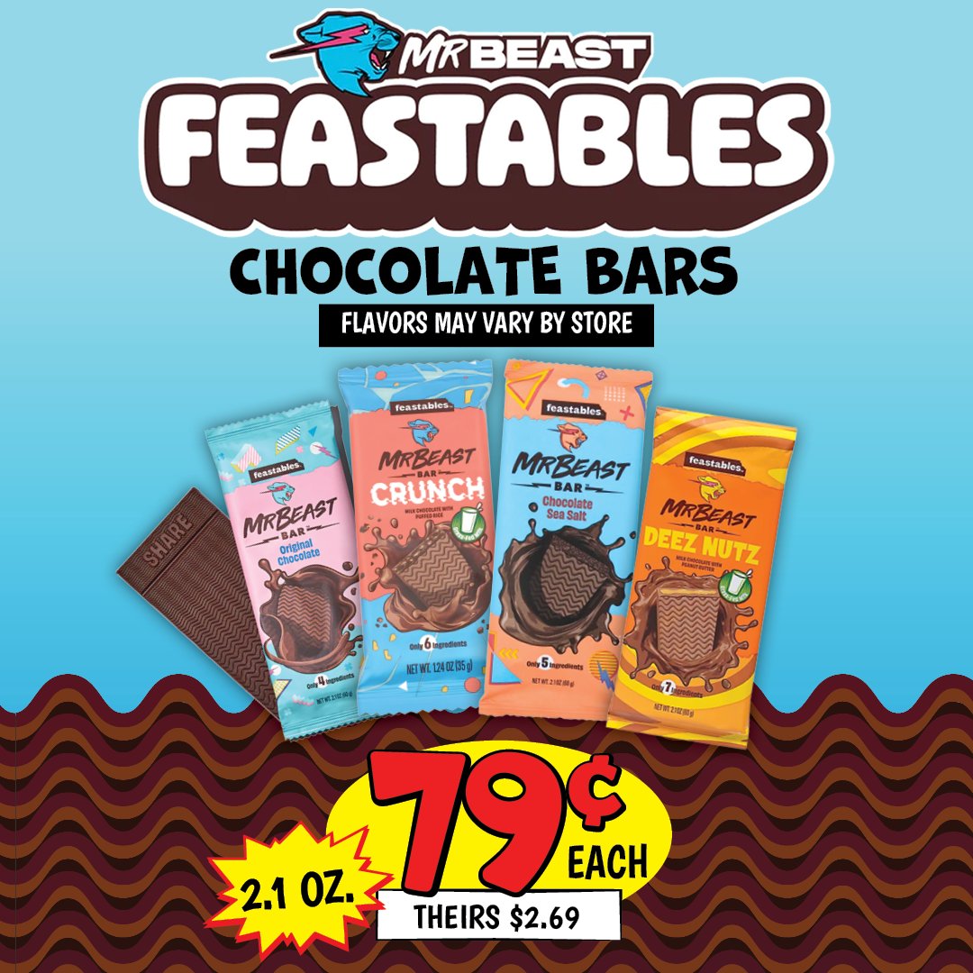 Try YouTube star MrBeast's Feastables Chocolate Bars for just 79¢ each now at Ollie's! You may find Original Chocolate, Crunch, Chocolate Sea Salt & More! Hurry in today & Unleash the Feast!🍫 #goodstuffcheap More bargains➡️ollies.us/currentflyer *Selection varies by store