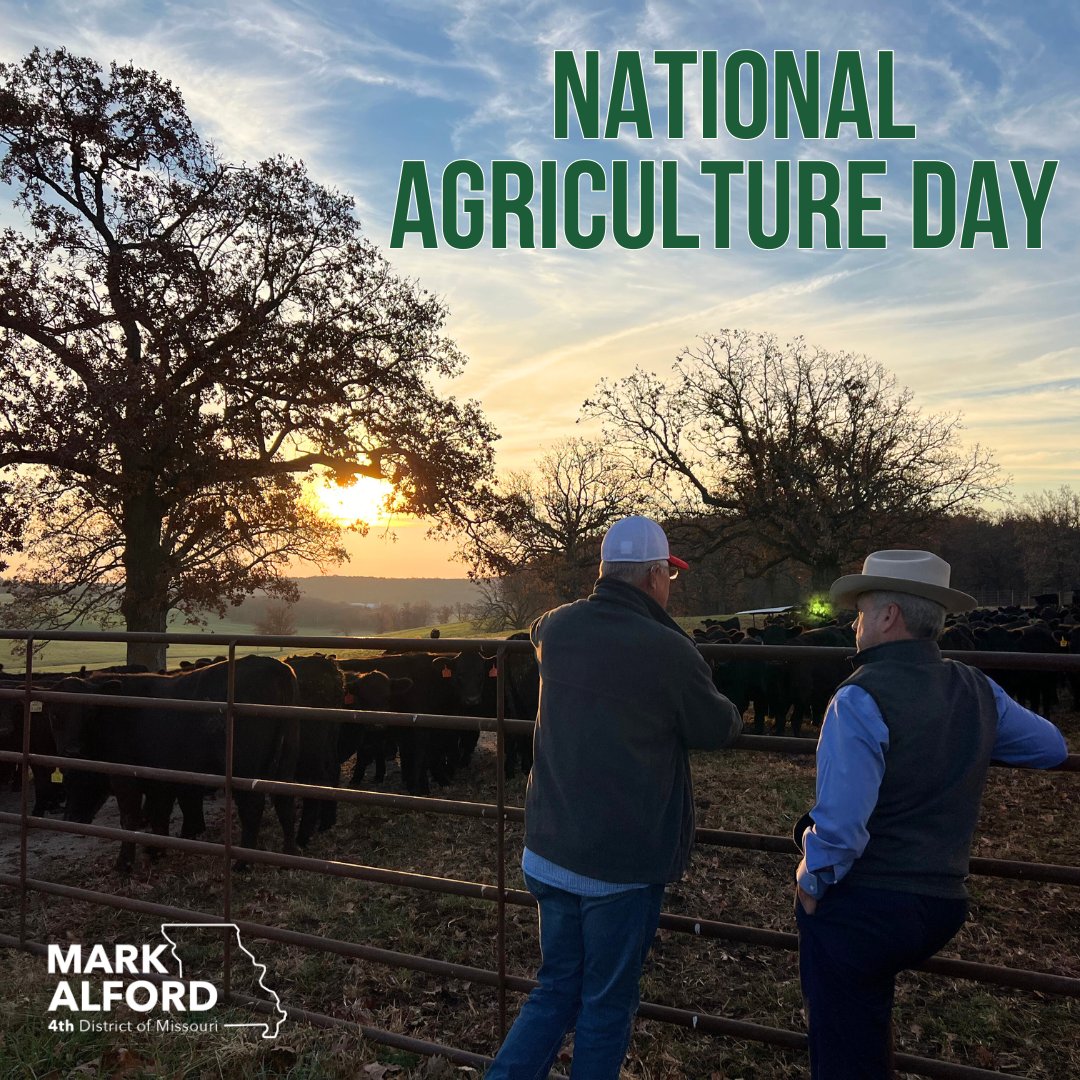 Today we are celebrating #NationalAgDay!

Missouri is home to over 87,000 farms--the 2nd most in the nation.  Farmers, ranchers, and agriculturists are the backbone of Missouri’s economy, and I’m proud to celebrate their work to feed, fuel and clothe the world today & every day!