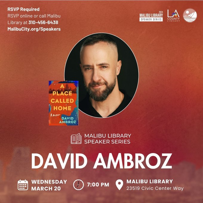 We are excited to welcome @DaveAmbroz to the #Malibu Library Speaker Series on Weds, 3/20, at 7 pm. RSVP at malibucity.org/speakers