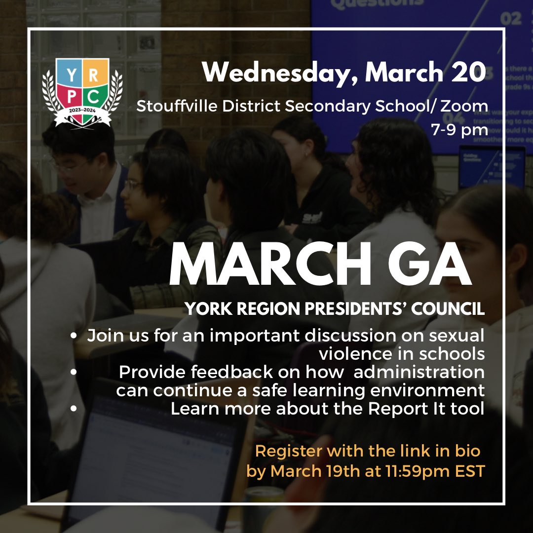 We are back with our March GA! This event will be taking place on Wednesday, March 20th from 7-9pm at Stouffville District Secondary School (with a virtual option). Sign up via bit.ly/Marchga24 ! Can’t wait to see you all there!

*REGISTRATION ENDS 11:59 PM ON MAR 19th*