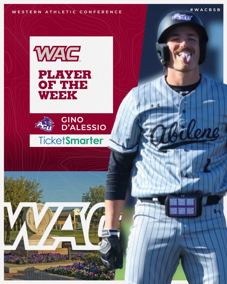 ⚾️ #WACbsb PLAYER OF THE WEEK presented by @TicketSmarter @GinoDAlessio2 | @ACU_Baseball ✅ .600 avg ✅ 3 HR ✅ 5 RBI 🗞️ tinyurl.com/24z6mact #OneWAC