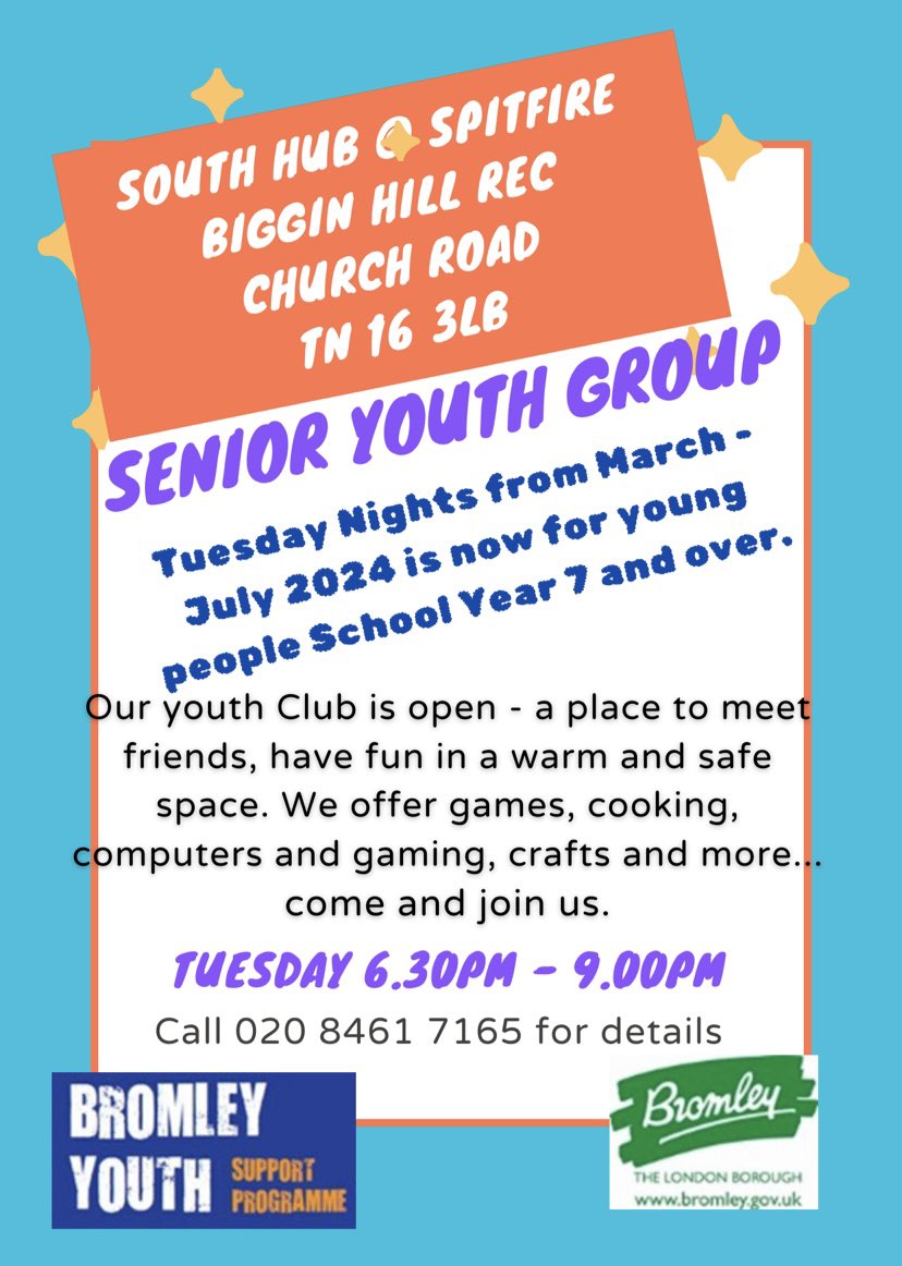 Our South Hub@Spitfire youth club has been busy this term, so we are making changes, from this week Tuesdays we will be open for young people school year 7 and above.

We can’t take any new members currently, but we will review this position

Please also note the new times…