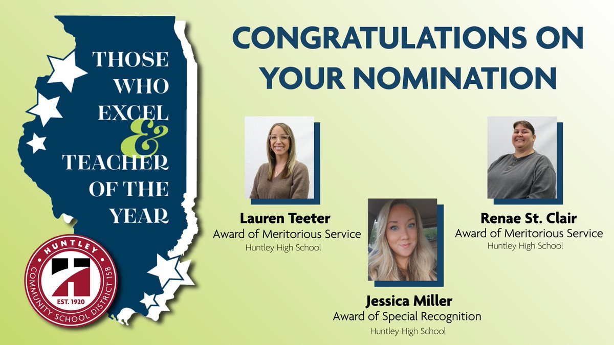 3 outstanding <a href="/HuntleyHS/">HuntleyHS</a> educators are nominated for the <a href="/ISBEnews/">Illinois State Board of Education</a> Those Who Excel Award! 🤩 🏆 They will be honored at the Annual Those Who Excel &amp; Teacher of the Year Banquet in May! Congratulations!