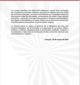 #Comunicado | ALBA-TCP rechaza intentos de desestabilización contra Cuba. Los países miembros del ALBA-TCP ratificamos nuestra firme solidaridad con el gobierno y el pueblo cubanos. #CubaPorLaVida #YoSigoAMiPresidente. #EstaEsLaRevolución #CubaEnPaz #JuntosSomosMásFuertes