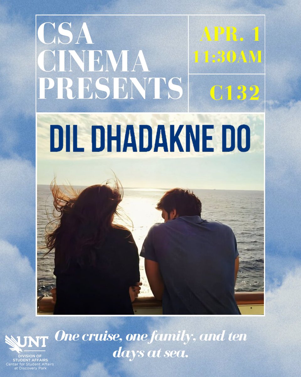 We've got another romantic comedy for all you hopeless romantics! Make sure to join us next week for our showing of Dil Dhadanke Do! 🩷

📅Monday, April 1st
📍C132
⏰11:30am