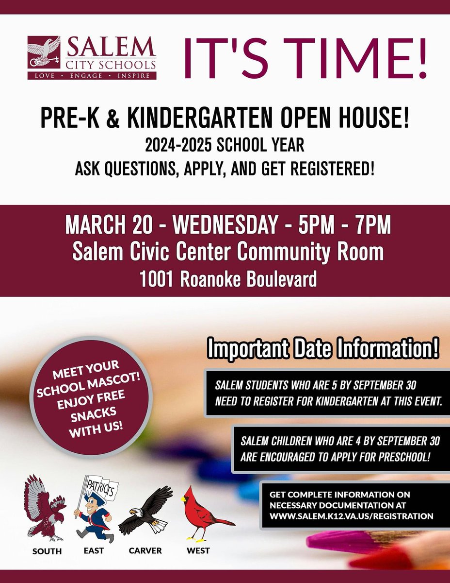 Join us for the Salem City Schools Pre-K and Kindergarten open house on Wednesday, March 20th from 5pm-7pm at the Salem Civic Center! #profileofacardinal