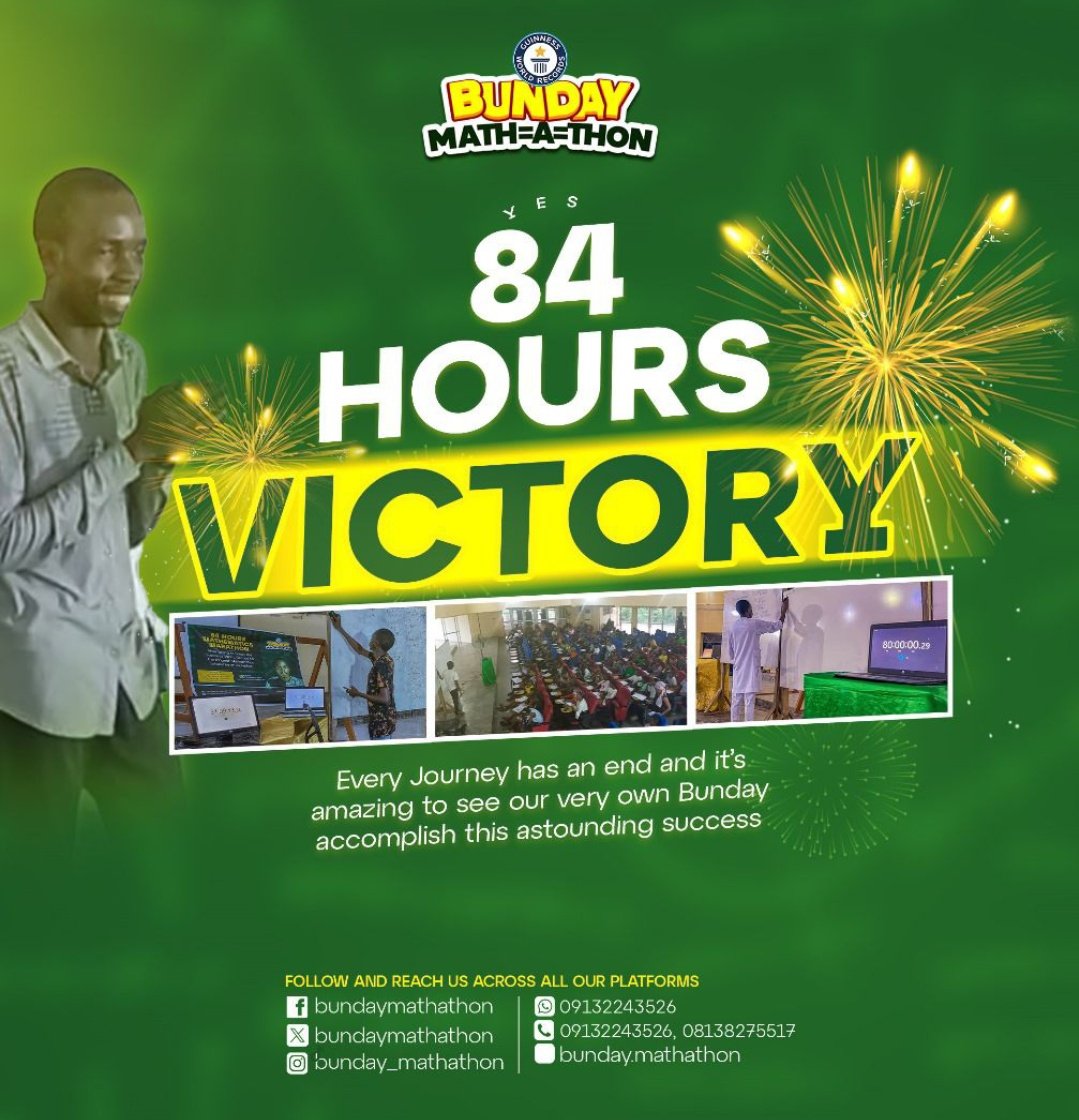 Quabnation's tweet photo. Every journey has an end and it’s amazing to see our very own Bunday come to this beautiful end.
The whole earth cannot contain our joy as we celebrate the FUTA Hero, world Icon and new record Holder- Samuel Emmanuel, Bunday
#84hours
#Gobunday
#Bundaymathathon
#GWR
#BLOCK ⛽ https://t.co/4Q6psR0xX5