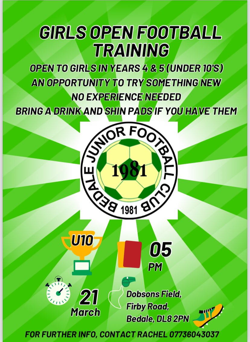 RachelBilham's tweet photo. A great opportunity to try something new @OfficialBedale @bedalejuniors #bedale #girlsfootball #grassrootsfootball #thisgirlcan #juniorfootball #NorthYorkshire #girlsfootballtraining https://t.co/0p8ZqwZjrq