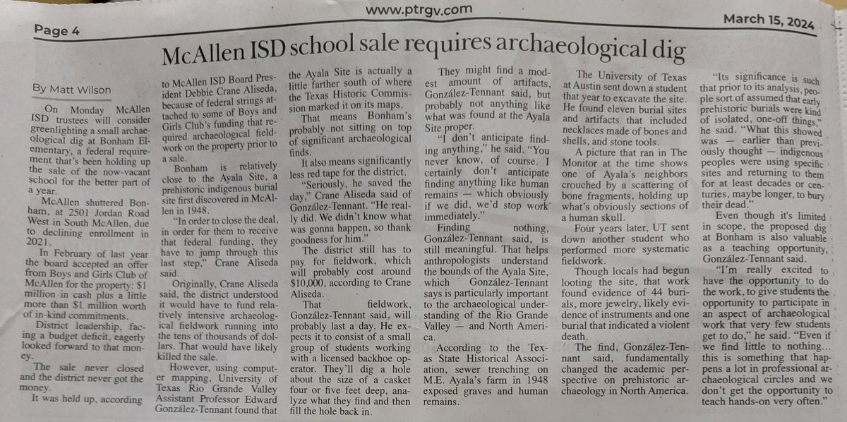 CHRISTINEARDIS's tweet photo. @TheMattTWilson writes in this week's issue of @ProgressTimes about a required #archaeologicaldig before @McAllenISD 's sale of Bonham can be finalized. https://t.co/R0Mlx7s8Ah