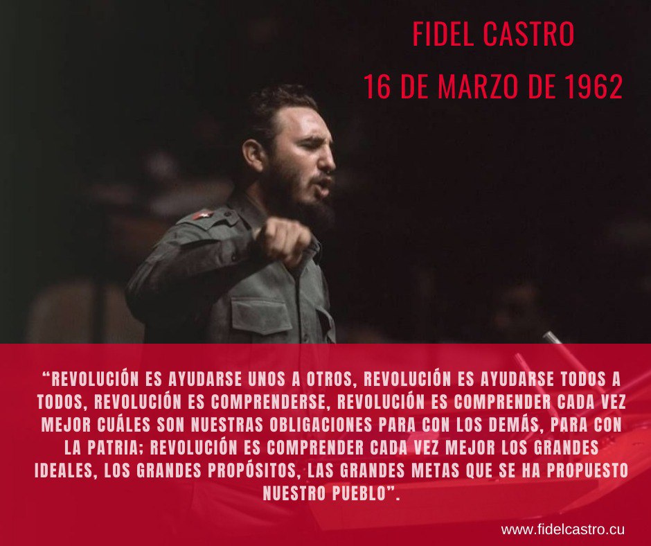 #FidelCastro “Revolución es ayudarse unos a otros, revolución es ayudarse todos a todos, revolución es comprenderse, revolución es comprender cada vez mejor cuáles son nuestras obligaciones para con los demás...”.
#ProvinciaGranma #Cuba
<a href="/DiazCanelB/">Miguel Díaz-Canel Bermúdez</a> <a href="/DrRobertoMOjeda/">Dr. Roberto Morales Ojeda</a>