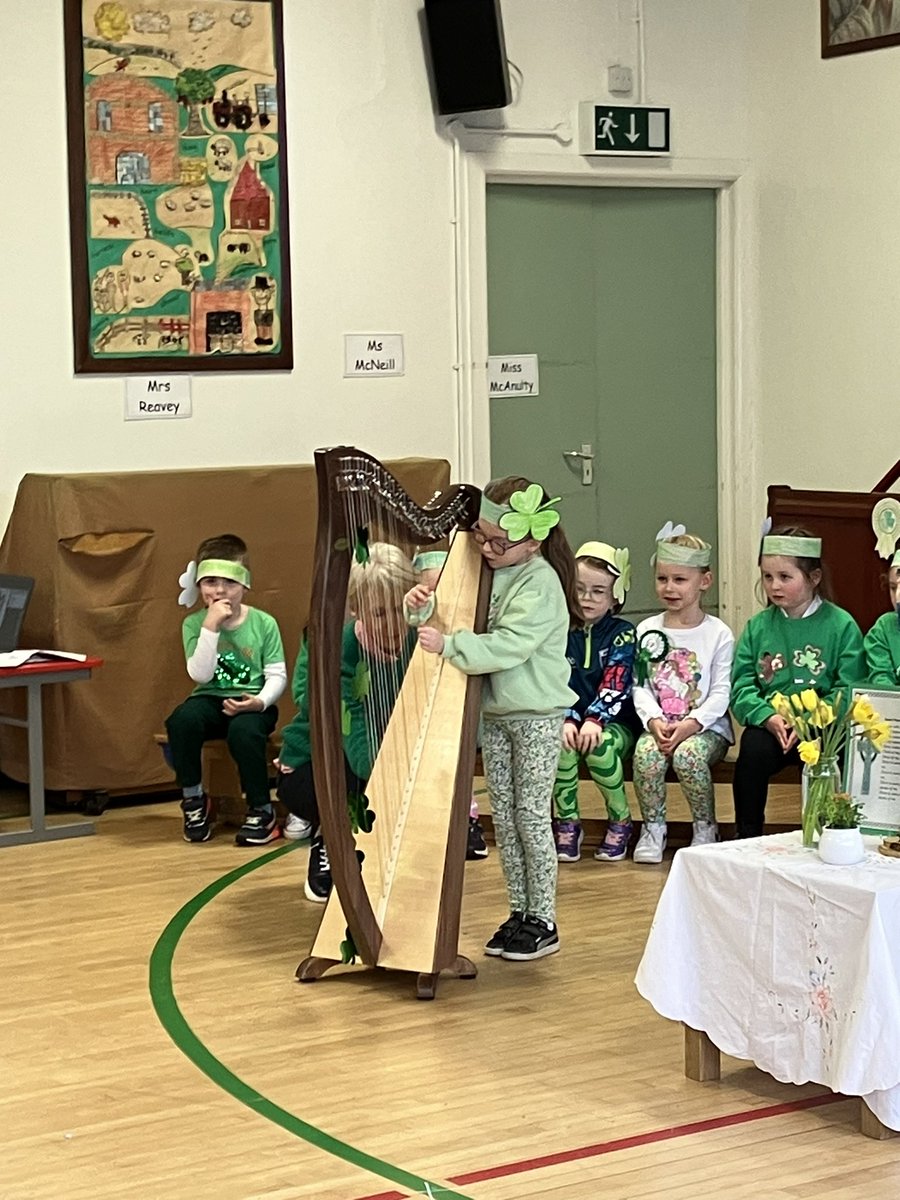 StPatricksPS57's tweet photo. St Patrick’s Day celebrations started with a P2 assembly honouring our patron saint, sharing through story, song,  music, dance and prayer, how Christianity was brought to our shores. There was a special performance by our very own harpist! Happy St Patrick’s Day☘️ https://t.co/d8PIKKxEw6