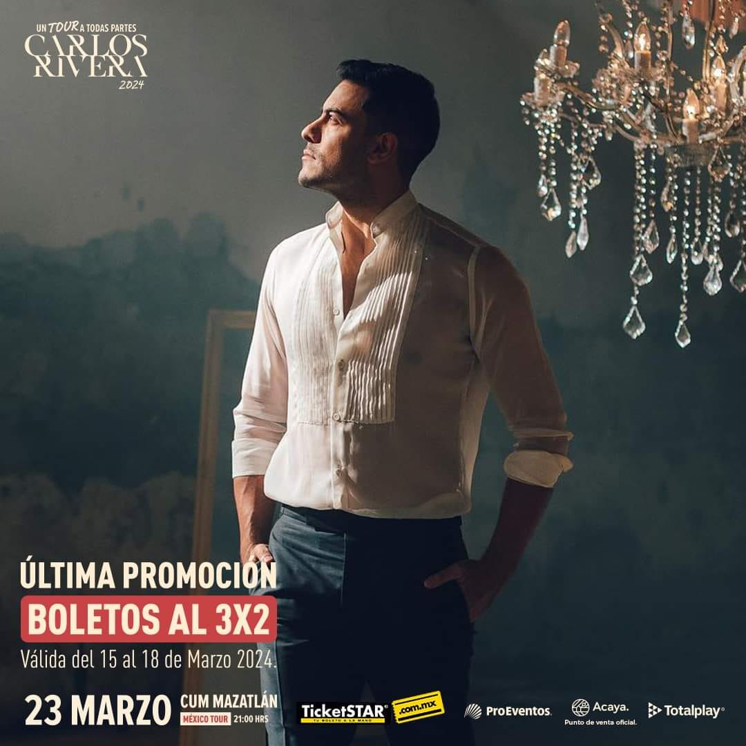 TicketstarMx's tweet photo. #Mazatlán ÚLTIMA promoción antes del concierto. ¡Disfruten de una noche increíble con Carlos RIvera en  #UnTourATodasPartes con este 3x2 que traemos para ustedes! ✈️🧳❤️  23 de marzo en el Centro de Usos Múltiples - CUM Mazatlán
🎟️ https://t.co/fEtpPeeO1y
📍 Plaza Acaya Mazatlán https://t.co/YkY0y35Buk