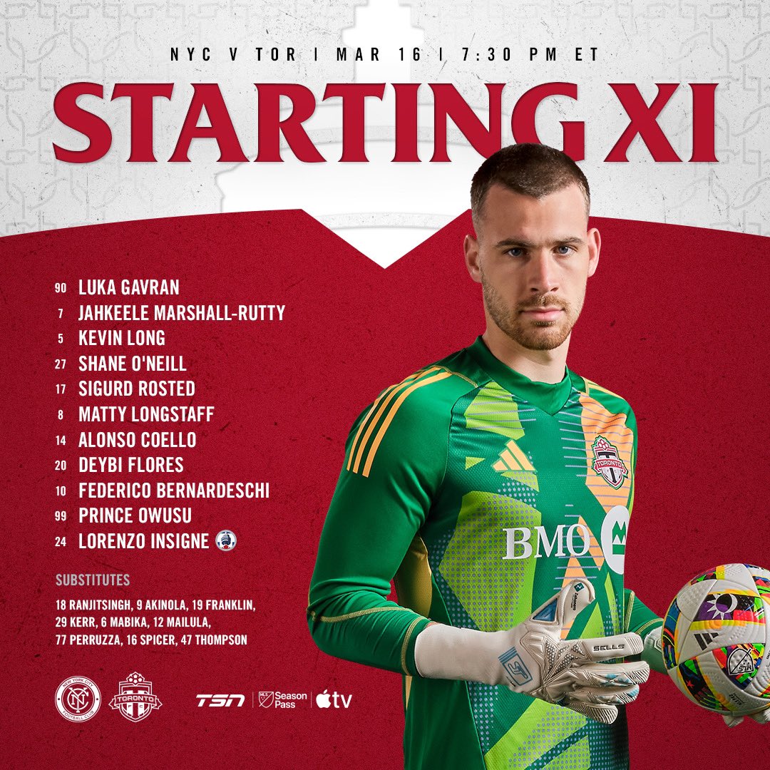 TorontoFC's tweet photo. Here’s our Starting XI 🆚 @newyorkcityfc  

Watch FREE on @AppleTV: https://t.co/aOExxCzab1

Also available on TSN4.

#NYCvTOR | #TFCLive https://t.co/8DiPIk3MrP