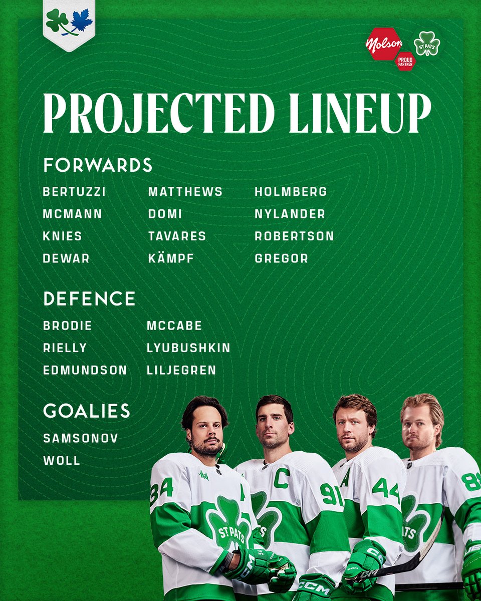 How your St. Pats lineup tonight

<a href="/Molson_Canadian/">Molson Canadian</a> | #LeafsForever