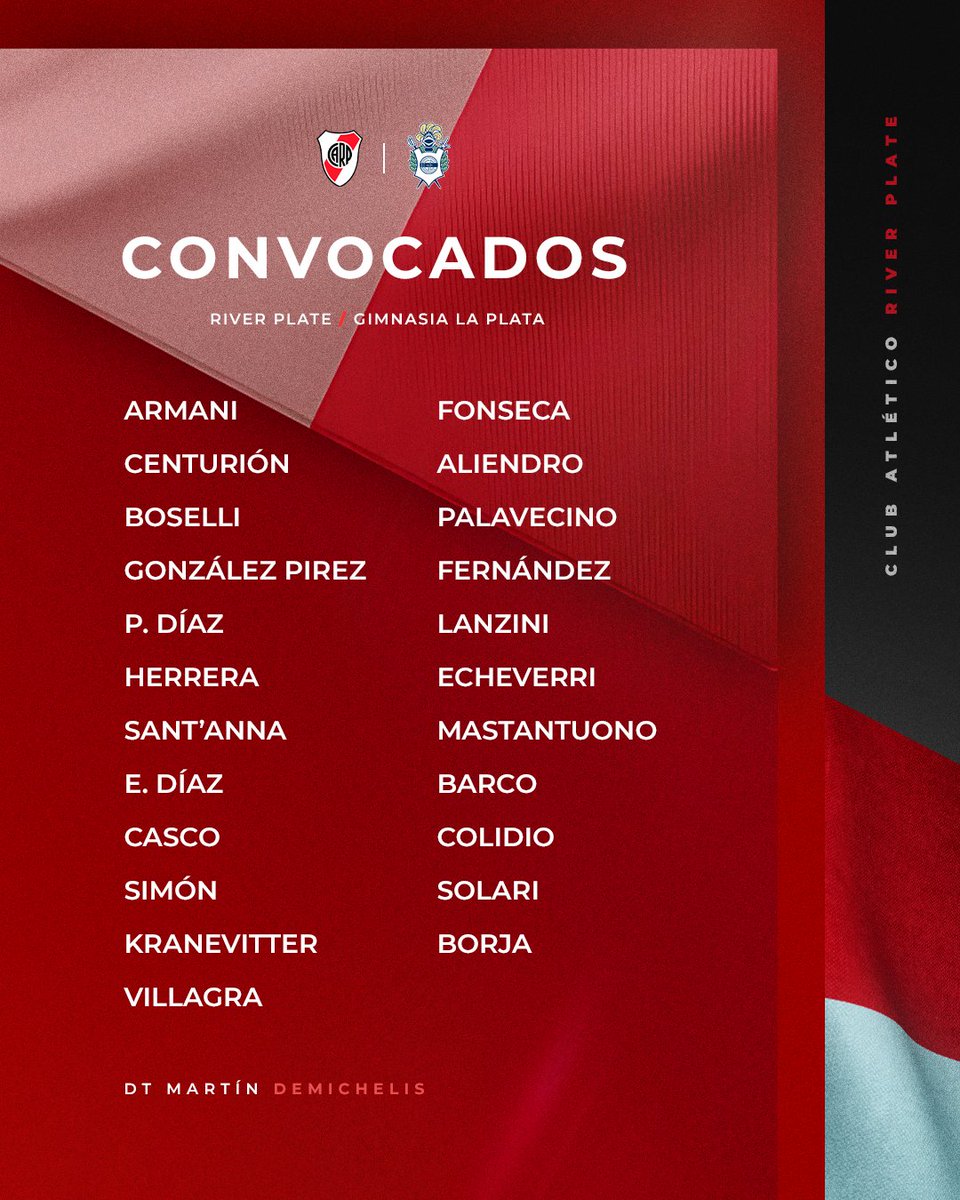RiverPlate's tweet photo. 📋 Los convocados para recibir a Gimnasia La Plata este domingo en el Mâs Monumental. ⚽🏟

#VamosRiver ⚪🔴⚪ https://t.co/3VuZTuDIPg