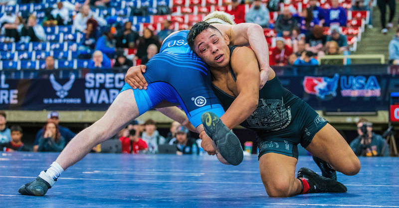 USAWrestling's tweet photo. 15 champions were decided in the Junior boys division at the @airforcespecwar Folkstyle Nationals on Saturday afternoon at the UNI Dome. Dorian Olivarez of Texas was named Outstanding Wrestler. #FolkNats2024