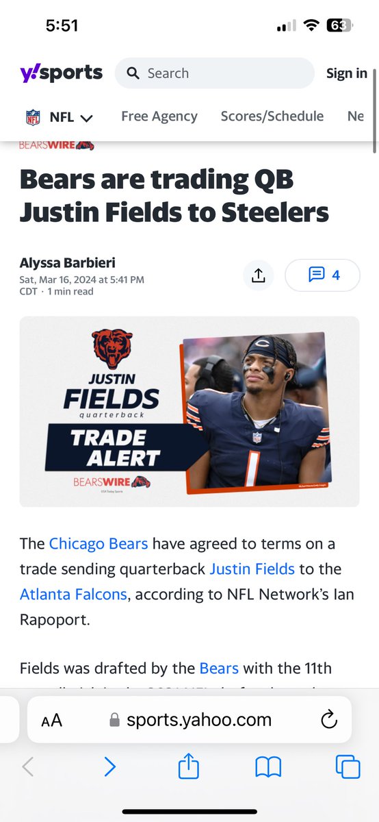 Libby O (@libs_22) on Twitter photo Come on <a href="/YahooSports/">Yahoo Sports</a> do better. #mistake Headline says Steelers but article reads Atlanta Falcons. #chicagobears #justinfields Come on <a href="/YahooSports/">Yahoo Sports</a> do better. #mistake Headline says Steelers but article reads Atlanta Falcons. #chicagobears #justinfields