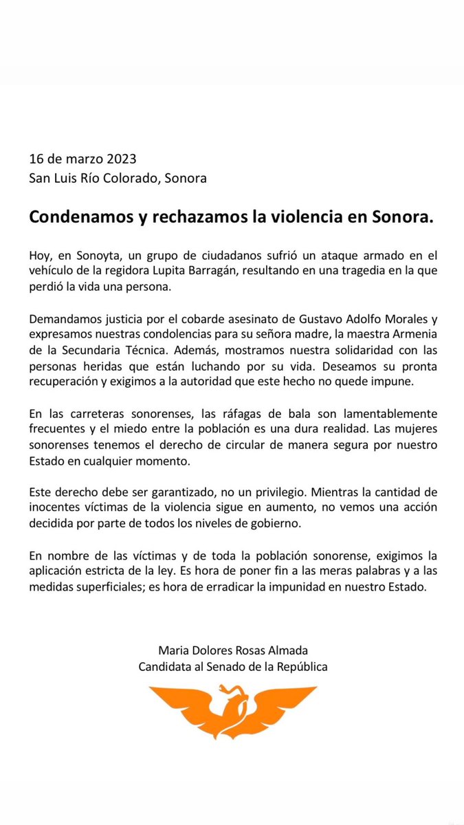 Envío mis condolencias a los familiares de Gustavo Morales y deseo pronta recuperación a las demás víctimas de este atentado en Sonoyta, Sonora.