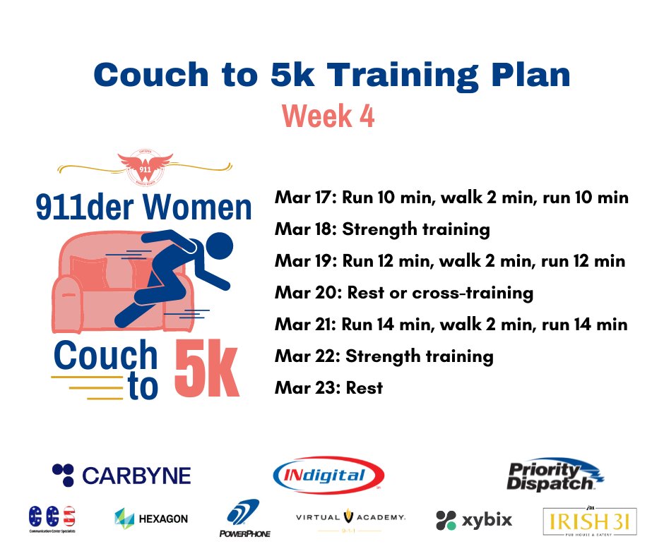 911derwomen's tweet photo. Week 4 of Couch to 5K is upon us! Celebrate, because you've officially crossed the halfway mark towards conquering your 5K goal by April 11th!

Haven't registered yet? Join the fun here: https://t.co/l8VNCPEYrY

#911derwomen #FindYourPace #FindYourStrength #Couchto5K #5KChallenge https://t.co/U6qXHAaCKy