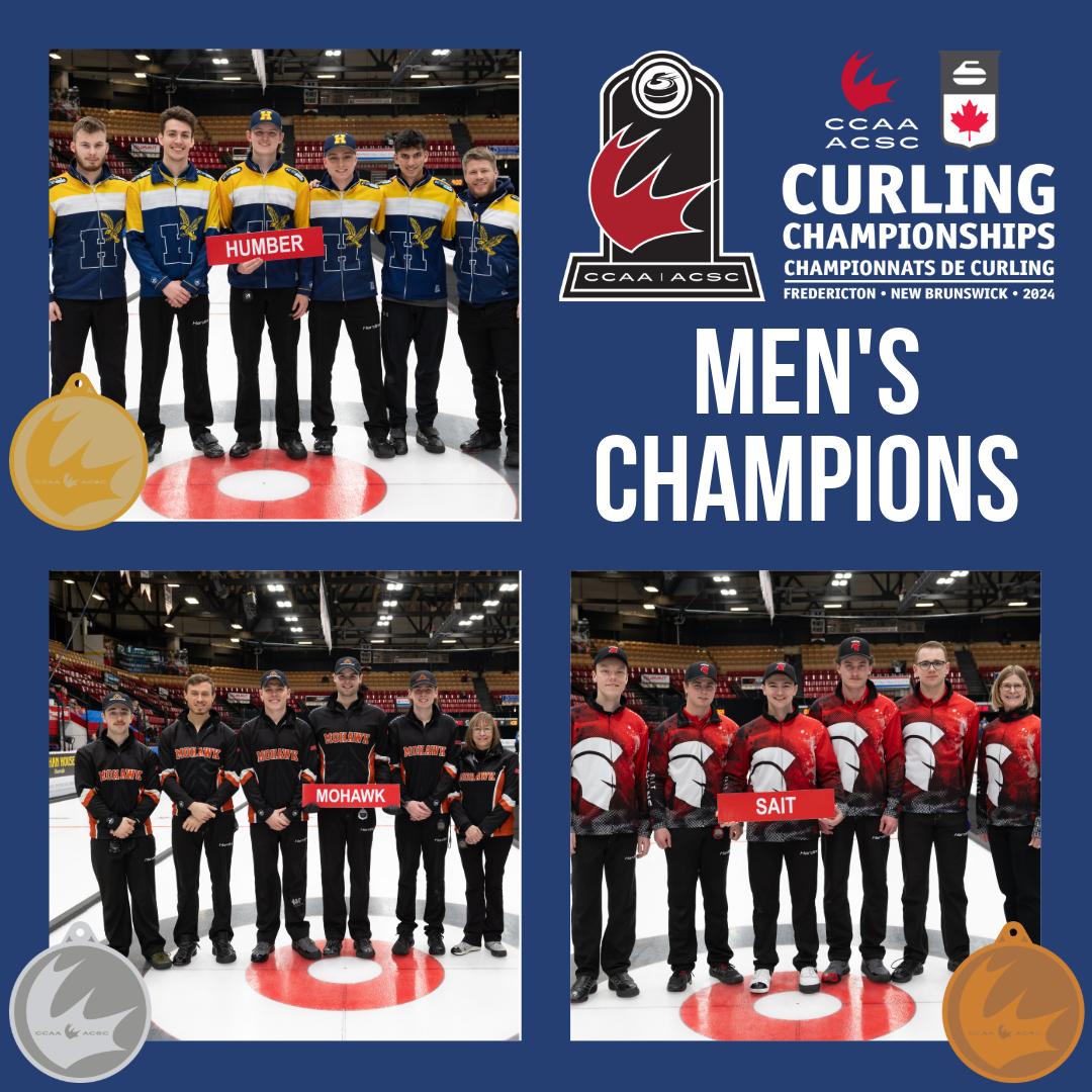 #CCAAcurl2024 | The 2024 CCAA @CurlingCanada Men’s Champions! 🥇 @HumberHawks 🥈 @MoMountaineers 🥉 @SAIT_Trojans #GoodCurling