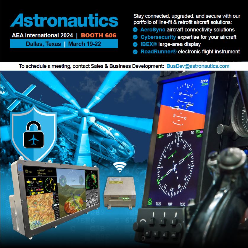We exhibiting at #AEA24! If attending, go to the New #Avionics Products session on 3/19 at 9 AM to learn about our AeroSync Mission #connectivity solution! Then stop by booth 606 for a demo & to learn about our proven #cybersecurity, #connectivity, & display system solutions.