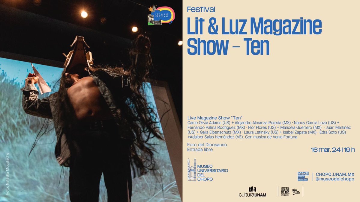 ¡Que no se te pase! Te esperamos hoy a las 19:00 horas en el evento principal de Lit & Luz Festival CDMX 2024: 'TEN'. 𝗟𝗶𝘃𝗲 𝗠𝗮𝗴𝗮𝘇𝗶𝗻𝗲 𝗦𝗵𝗼𝘄 ❞𝗧𝗘𝗡❞ Artistas de Chicago y la Ciudad de México crearon un performance que podrás disfrutar esta noche.