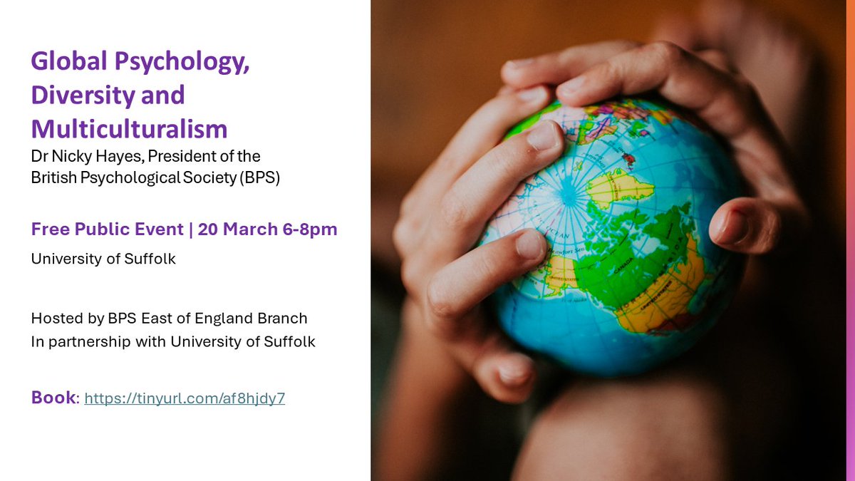 BPSEast's tweet photo. BPS East of England Branch in partnership with University of Suffolk are delighted to host Dr Nicky Hayes, President of the British Psychological Society, for a free public talk and networking event on 20 March, 6-8pm  

Details and registration: https://t.co/4jF1NdVCdI https://t.co/w5XvlsBFra