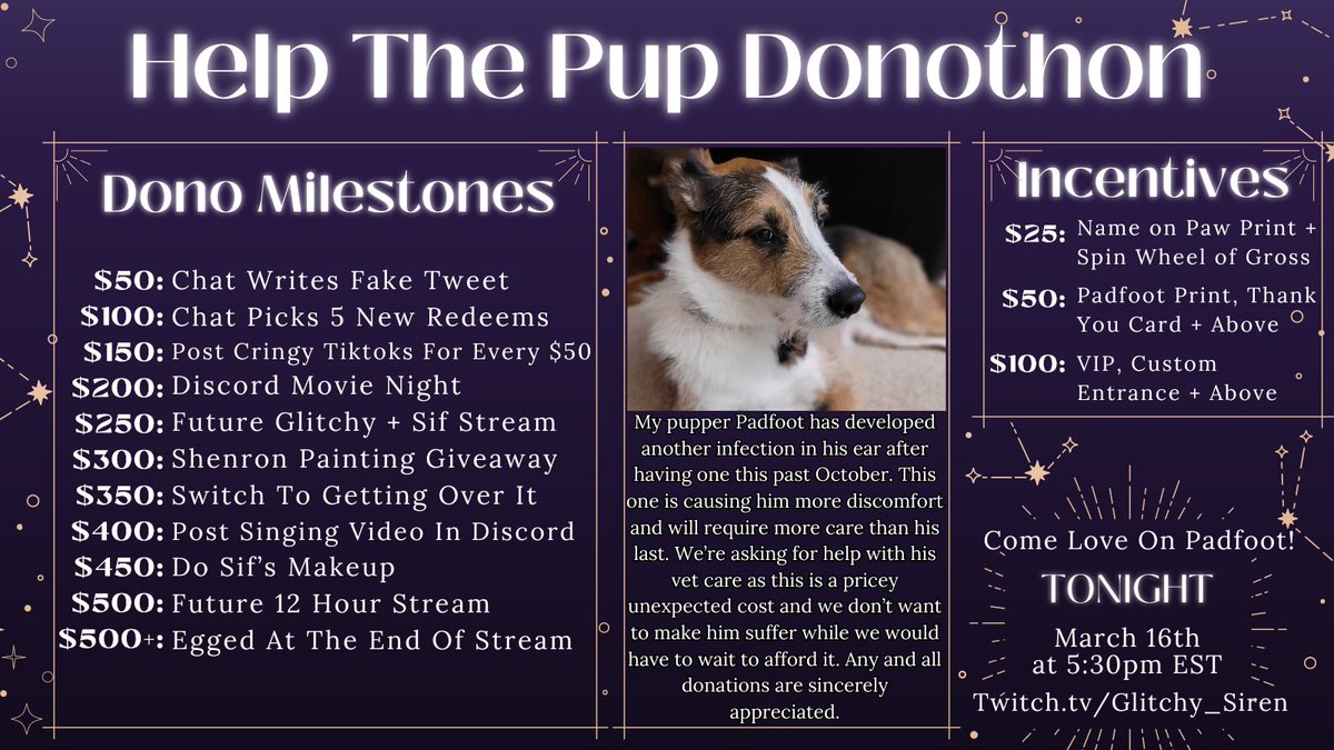 Glitchy_Siren's tweet photo. Hosting a donothon on stream to help my pupper Padfoot after developing a bad ear infection. This is an unexpected cost we weren't prepared for. All donations will be going towards his vet care and are appreciated. Link to the stream in comments
#twitch #smallstreamer #furbaby https://t.co/t7XwDXklPV