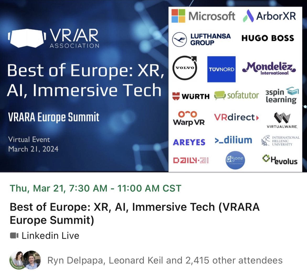 🔥2400+ already registered for our Best of Europe: XR, AI, Immersive Tech lnkd.in/dfry2sng on March 21! Hear from Microsoft, Lufthansa, Volvo, Hugo Boss, Mondelēz, WURTH, 30+ speakers! Apple Vision Pro, Microsoft Mesh, and so much more🤗 #spatialcomputing #euro #visionos