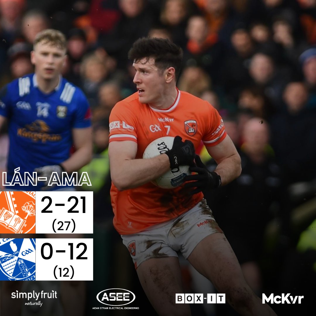 Sraith Peile Allianz | Roinn 2 | Babhta 6 Lán-Ama: Cuireann an bua sin muid ar ais i roinn a haon an bhliain seo chugainn!! That win puts us back into Division 1 next year! Ard Mhacha: 2-21 (27) An Cabhán: 0-12 (12) #ArdMhachaAbú