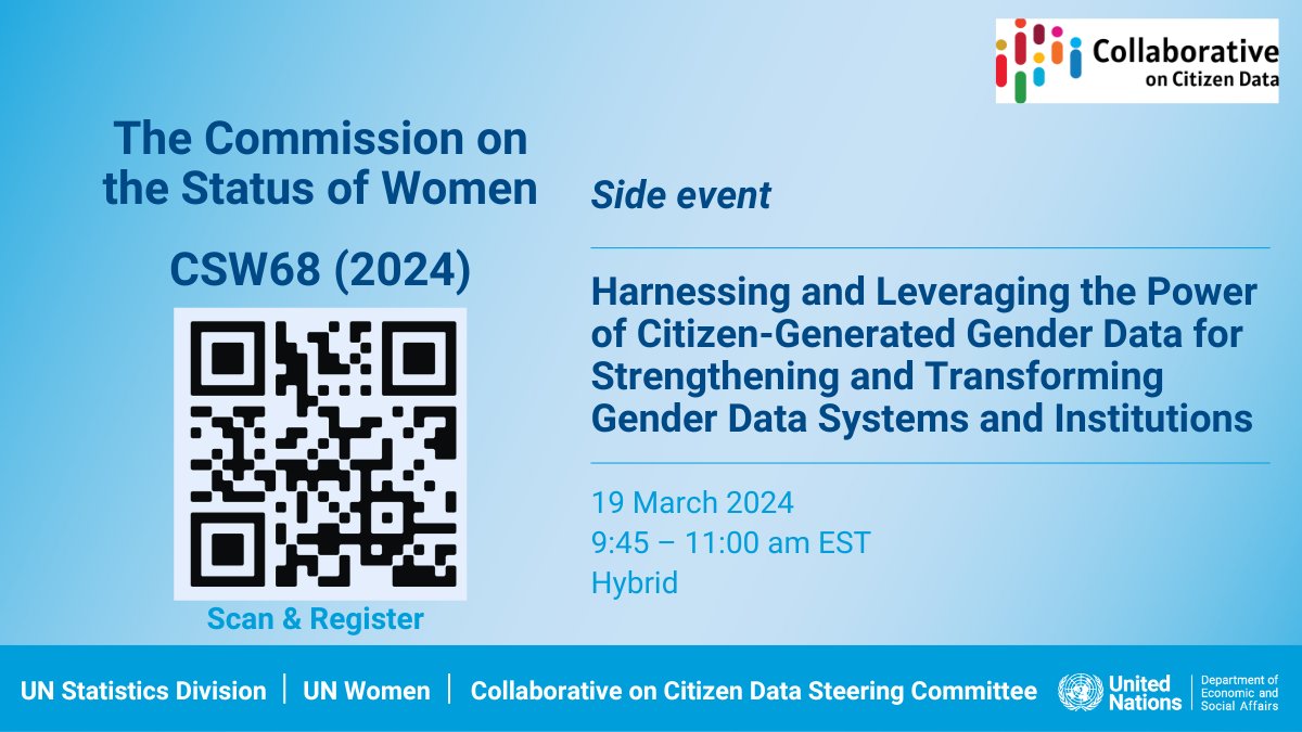 🔍 Engaging citizens, especially the most marginalized women and girls, including those with #disabilities is key to successful and gender-sensitive implementation of the 2030 Agenda. Join us on March 19 to explore how the power of citizen-generated data can enhance #GenderData