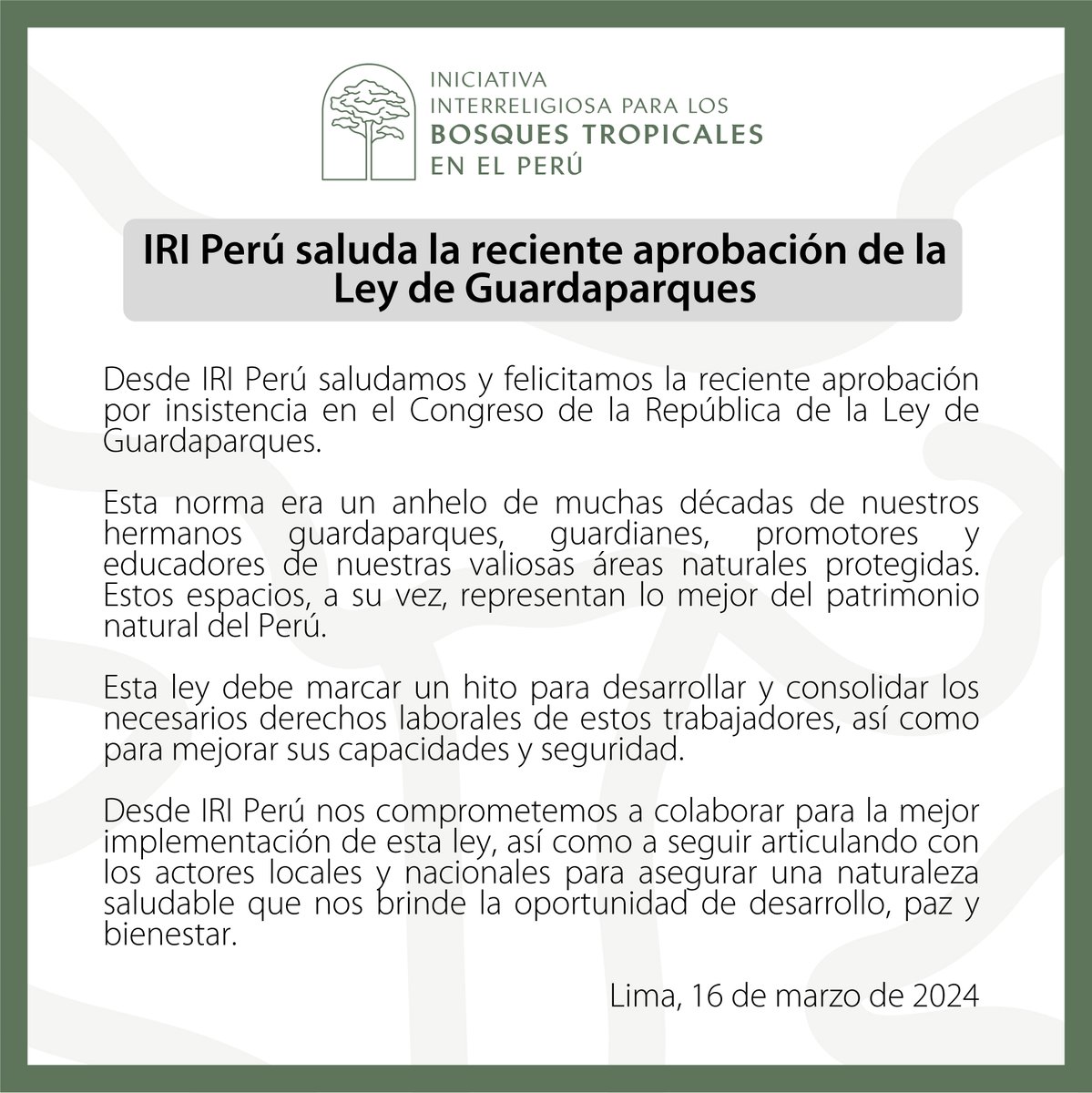 IriPeru's tweet photo. 👏IRI Perú saluda la reciente aprobación de la #LeydeGuardaparques, un hito para desarrollar y consolidar sus #DerechosLaborales
🤝Esta ley era un anhelo de nuestros hermanos guardaparques, guardianes, promotores y educadores de las áreas protegidas.
📌https://t.co/hvgdR5z23o https://t.co/mdsJiubtmD