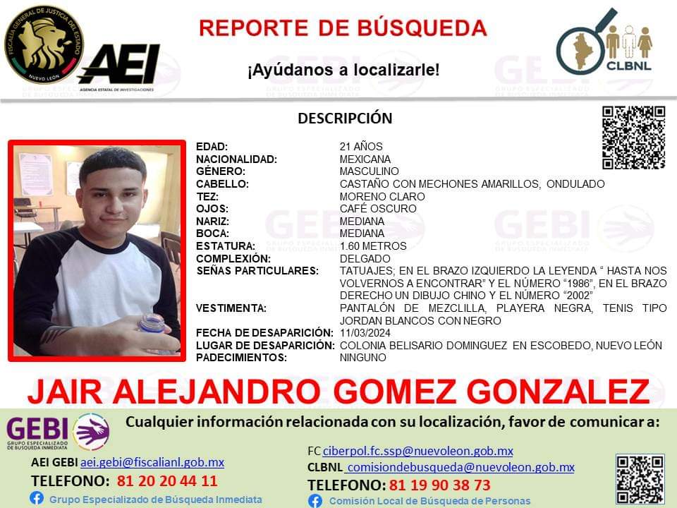 Cicmty's tweet photo. 🚨#ServicioSocial solicitamos su colaboración para localizar a JAIR ALEJANDRO GOMEZ GONZALEZ #Escobedo https://t.co/tL6PpuEvMJ