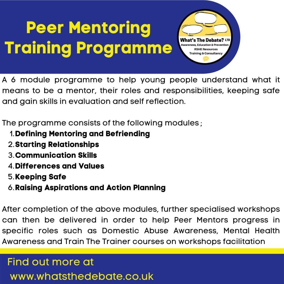 WhatsTheDebate's tweet photo. Did you know we offer #PeerMentoring training?

We have been involved in #mentoring programmes such as:
💛Playground Buddies
💛Healthy Relationship Champions
💛Peer Facilitators
💛Sexual Harassment Champions
💛 Well-Being Buddies

Find out more at https://t.co/1i9eEv9kay https://t.co/mXN2TjmVnd