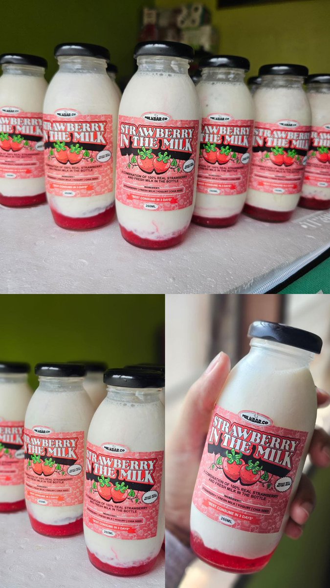 Catyaww's tweet photo. Aku cuba start https://t.co/wz9QTqu5MM ni dgn jual produk yang aku dh prnah jual dulu, Strawberry in The Milk with  New style design label. Tambahan yogurt dan chia seed untuk New Version ni mmg great cmbination. Aku masih guna Botol Kaca untuk kekalkan susu tu fresh. https://t.co/OZtpdvBHFH