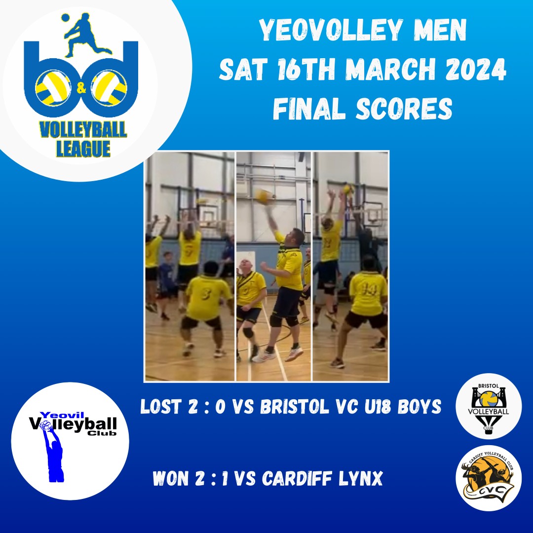Last 2 games for our men in the B&amp;D league today
1st was a hard fought one v Bristol VC u18 Boys with BVC winning 2-0. Coach's MVP: Rob(13) for his consistent hitting all game
2nd was also close v Cardiff Lynx, YVC taking it 2-1 in the end. Coach's MVP’s: Sean(12) &amp; Przemek(7)