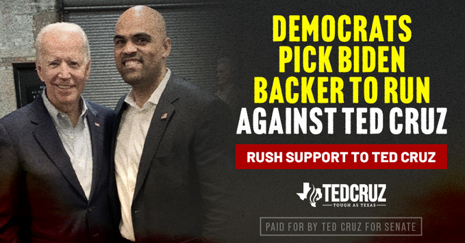 HAHAHAHA: This ad by Ted Cruz is hysterical.

First of all, the text highlights 'AGAINST TED CRUZ.' Secondly, did he think that Democrats wo9uld pick a Biden opponent? Thirdly, it just reeks of desperation.

Support Colin Allred for Senate in Texas
colinallred.com