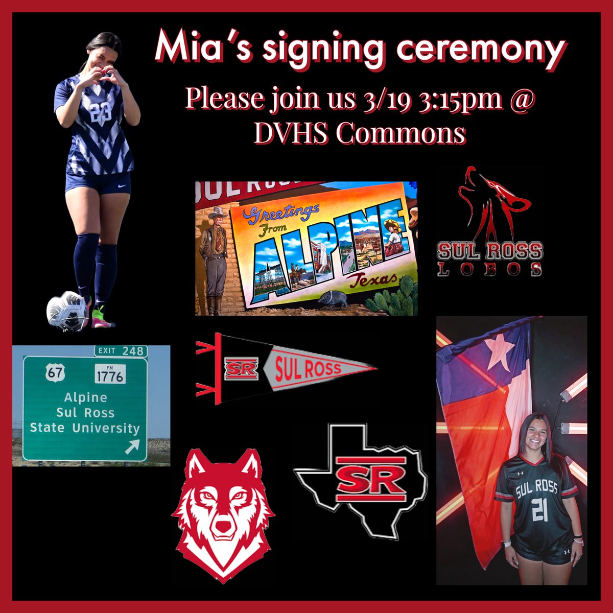 If you’re in the area please join me on this big day as I sign my letter of intent to attend Sul Ross State University. @Prep1USA @epcosmosfc @DVHSWSoccer @DVHSYISD @Fchavezeptimes @srsuwsoccer @CoachDominguez7