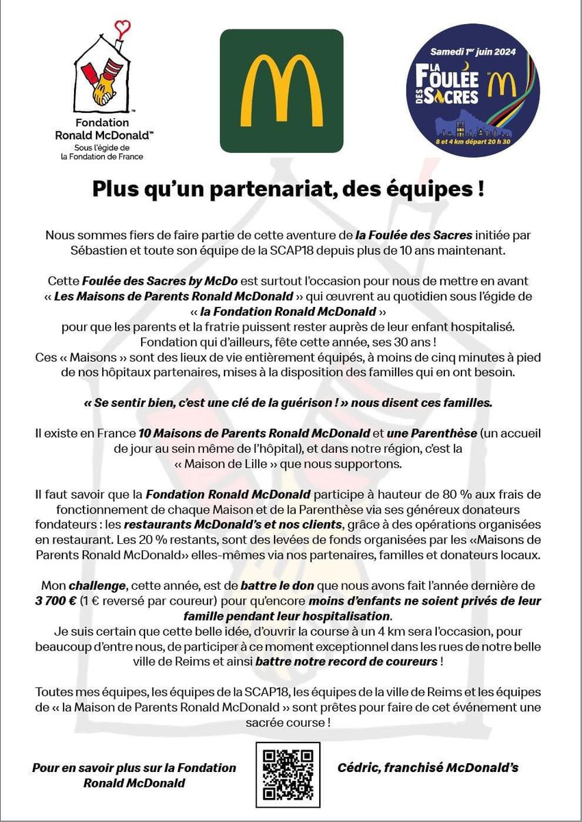 🔎 La Fondation Ronald McDonald  qu'est-ce que c'est  🤔❓
Pourquoi un partenariat 🤝 avec la Foulée des Sacres ❓

➡️ On vous donne rendez-vous le samedi 1er juin 🔥

📝 la-foulee-des-sacres.fr