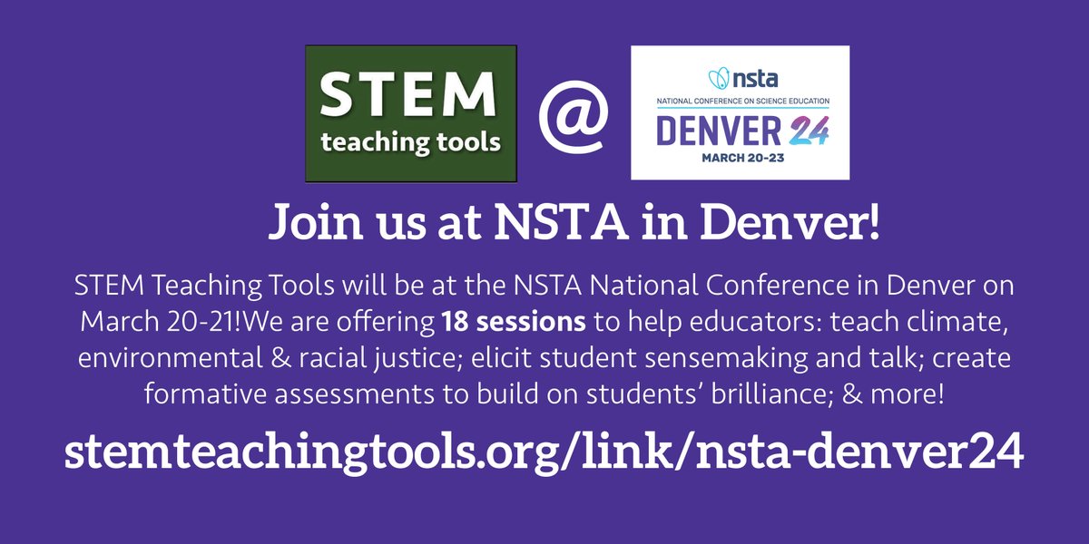 PLS RT #NGSSchat #SciEd Are you headed to #NSTA24 in Denver? The @STEMTeachTools team & collaborators will be hosting a broad variety of @NSTA sessions. Full list is in this thread and online… ▶️ stemteachingtools.org/link/nsta-Denv… We will share our OER PL modules & resources throughout!