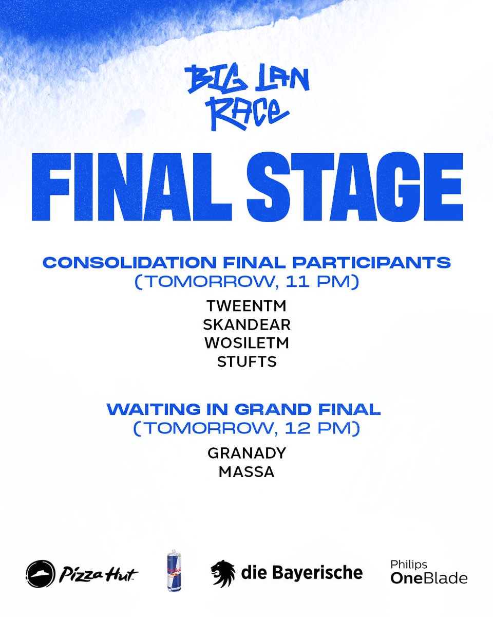 The FINAL STAGE of the BIG LAN RACE is now set! 🏁 Consolidation Final Participants (Tomorrow, 11 AM): - TWEENTM - SKANDEAR - WOSILETM - STUFTS Waiting in the Grand Final (Tomorrow, 12 PM): - @GranaDyy - @BIGmassaTM