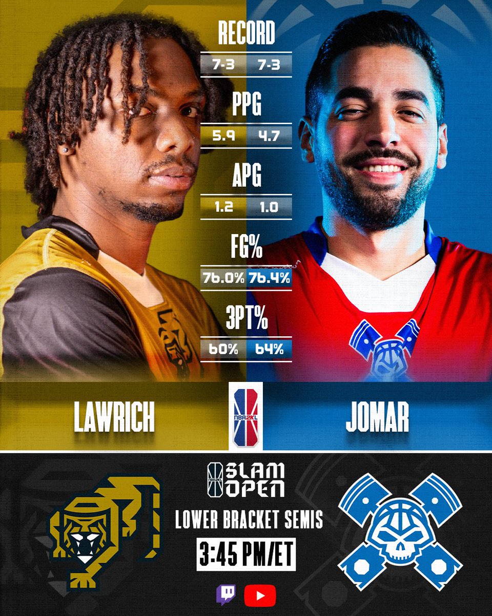 .@LawRichx and @Jomar12_PR will go head to head on the defensive end in the NBA 2KL SLAM OPEN Lower Semifinals! 🆚: @gengtigers2k vs @PistonsGT 🕒: 3:45 PM/ET (Broadcast starts at 3) 📺: Twitch.tv/nba2kleague
