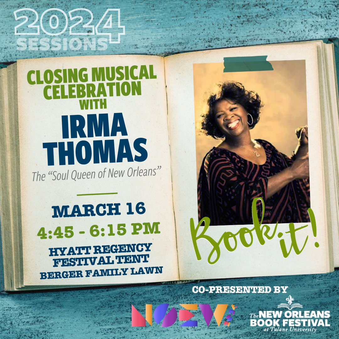 After #NOLABookFest panels wrap up today, stick around for the closing musical celebration with the “Soul Queen of New Orleans” Irma Thomas in the Hyatt Regency Festival tent! 🎶🎵