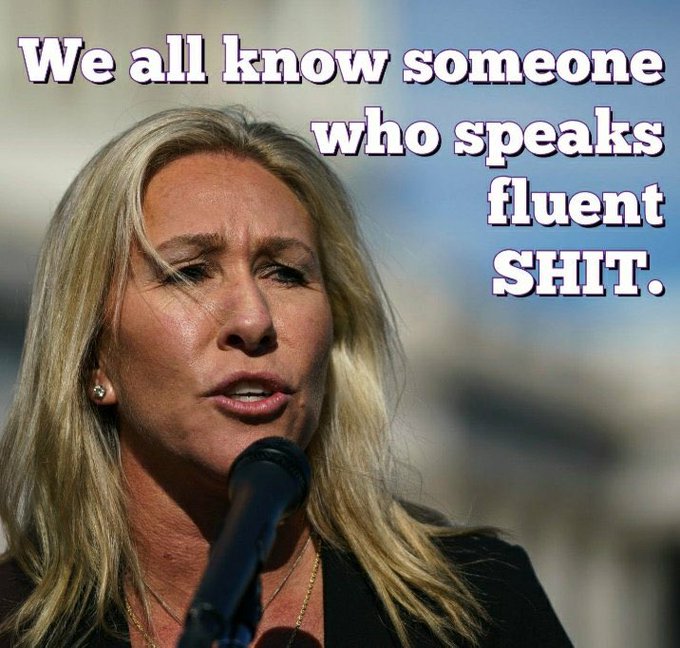 IamVyv's tweet photo. @RepMTG Pardon? #SerialPantyDropper, #MarjeWhoreyTaylorGreene.

Do you honestly think that trying to denigrate your President, Joe Biden by quoting the lying and BSing, dementia ridden, wuckfitted #InsurrectionistInChief, who could not even remember his own family's names is  wise? 🤦‍♂️🙄 https://t.co/VtMdt7m6Sa