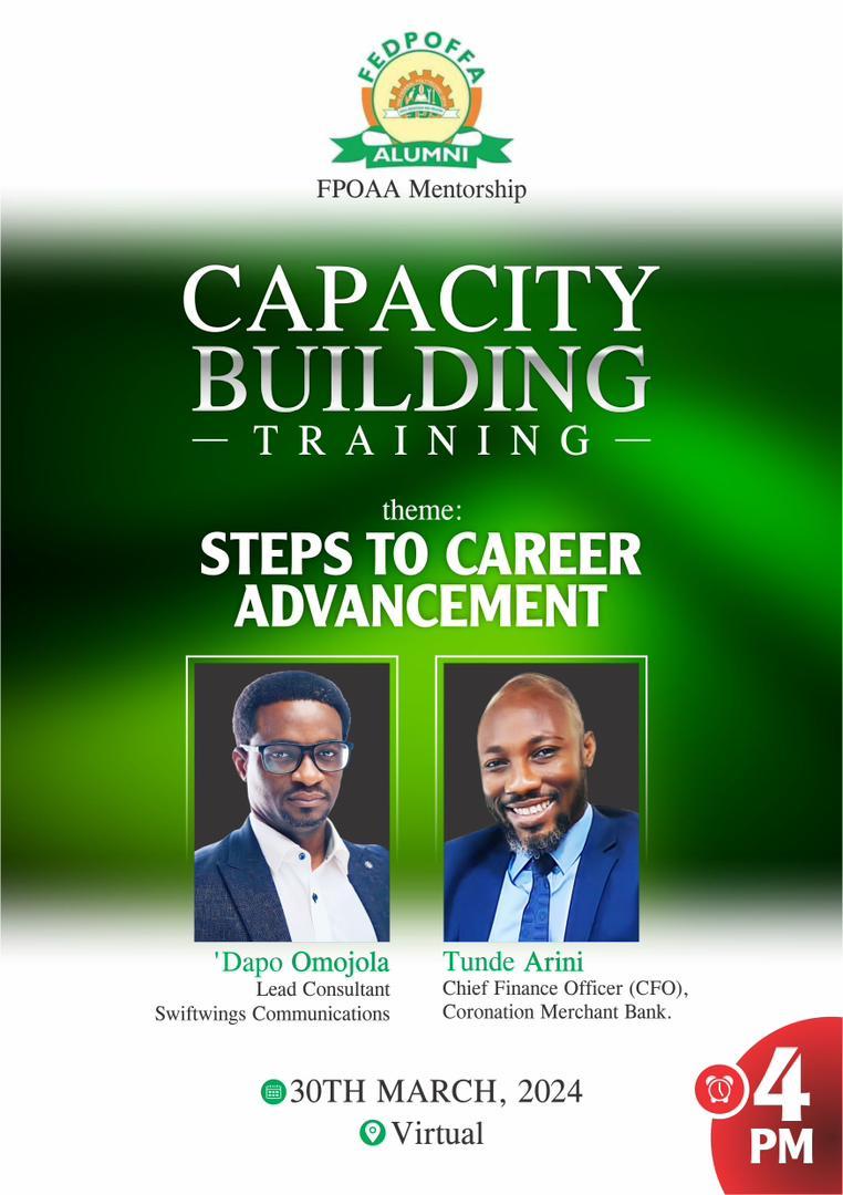 FEDPOFFA_ALUMNI's tweet photo. In pursuant of the 3-Year Strategic Plan of the @FEDPOFFA_ALUMNI, Mentorship Team presents Virtual Capacity Building Training scheduled for 30-03-2024
#WeAreBetterTogether #MentorshipProgramme #CapacityBuildingTraining #CareerAdvancement #StrategicPlan #PartnerForDevelopment https://t.co/UDCl0dcRID