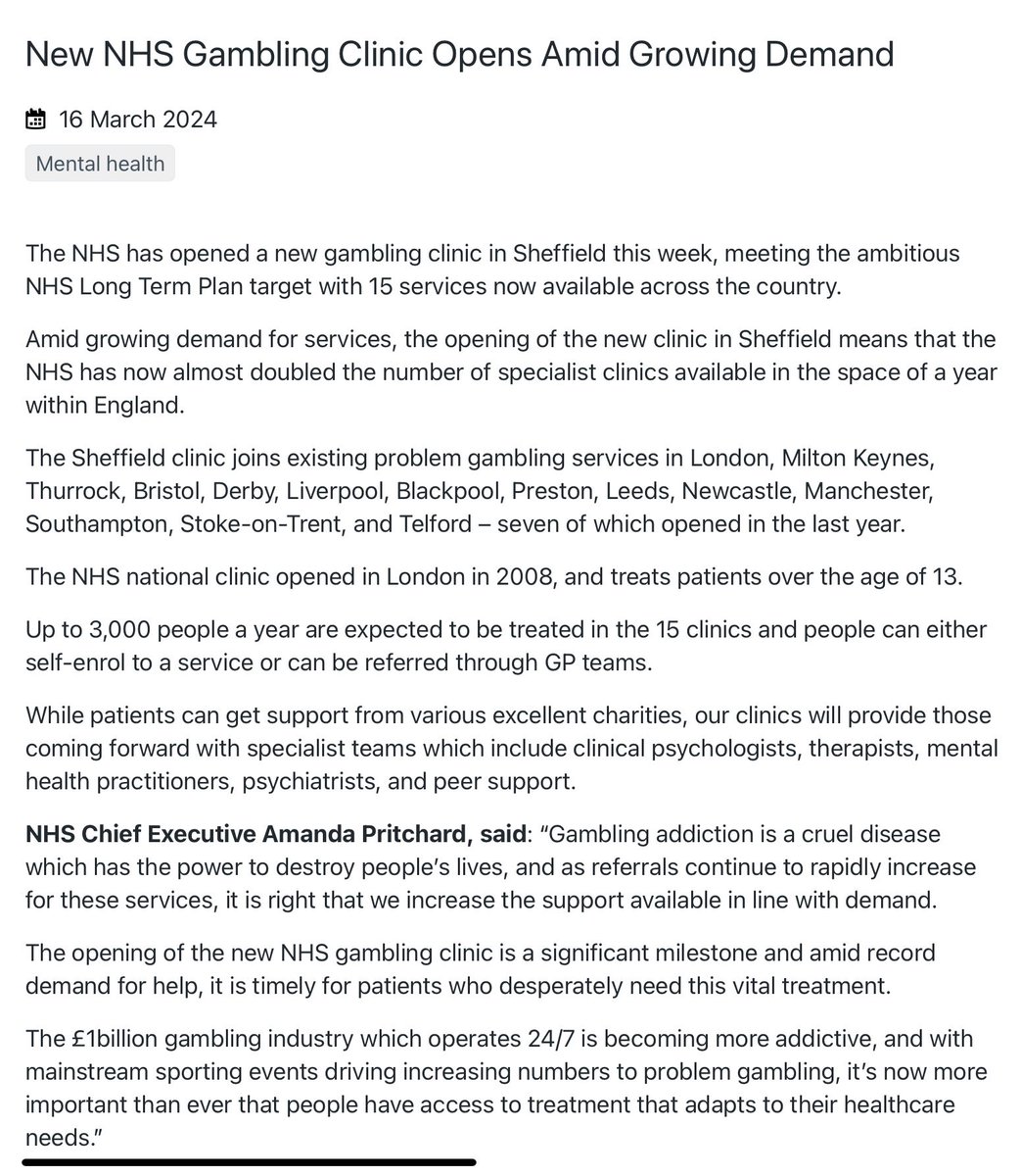 In two parts: ⁦@NHSEngland⁩ statement on the expansion of gambling clinics from one to fifteen delivering on time a national network of evidence based interventions. Fantastic work all round!! ⁦@AmandaPritchard⁩ ⁦@ClaireCNWL⁩