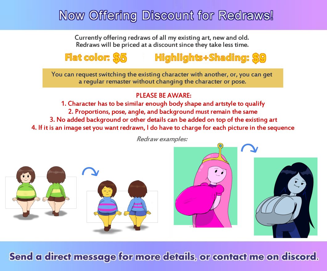 afroditeinstead's tweet photo. In addition to regular commissions, I'm now offering redraws at a lower price. This is for anyone who isn't wanting anything too specific and/or likes an image but would rather see another character. https://t.co/d3RuvqSUoH